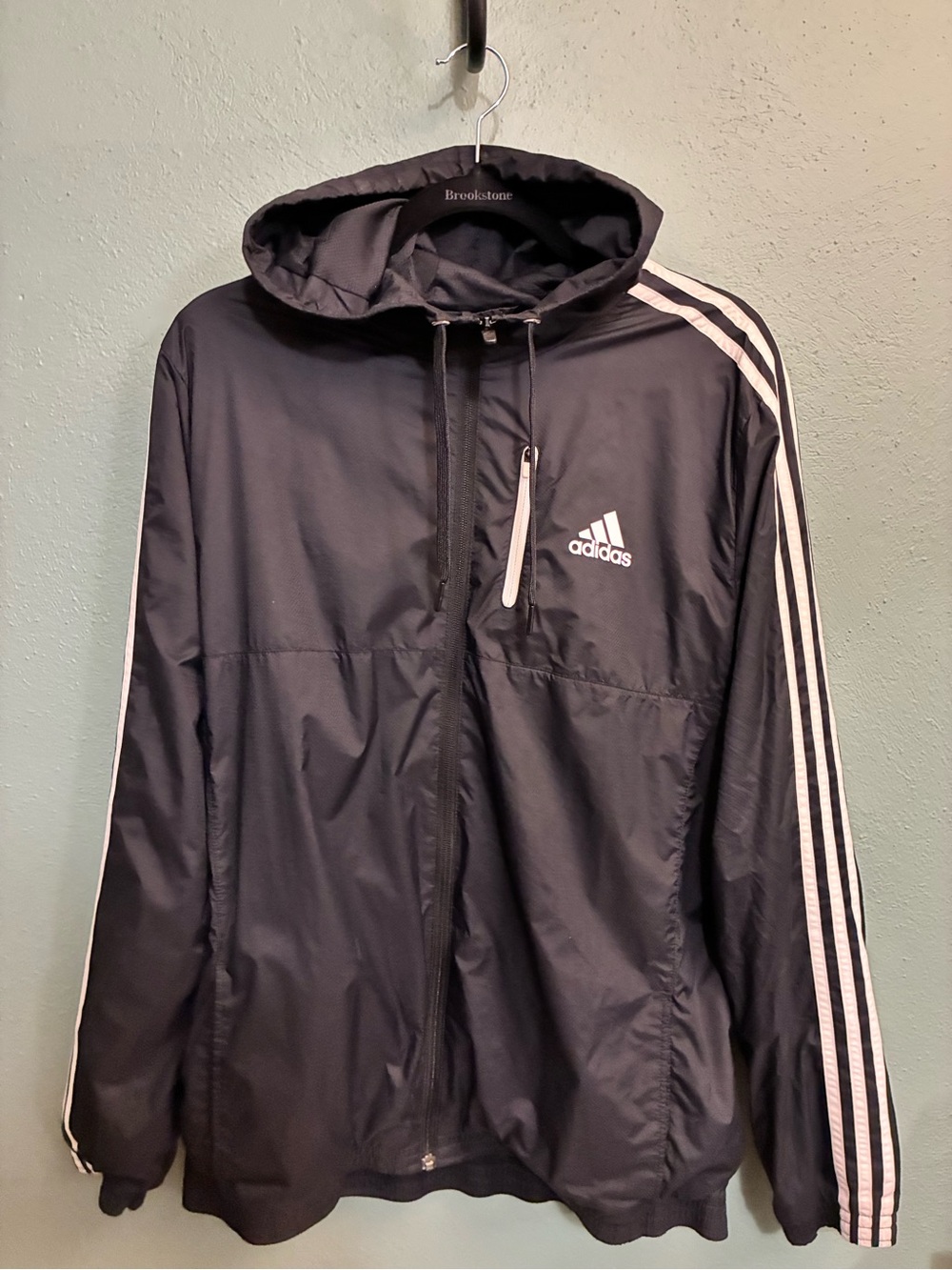 adidas Black Hooded Windbreaker with White Three-Stripes